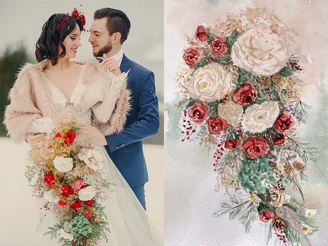 akwarela z bukietu ślubnego